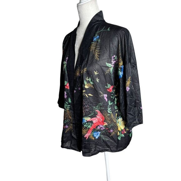 Vintage 70s Teddi Of California Kimono Style Top Size Small Black Floral Bird - Picture 3 of 7